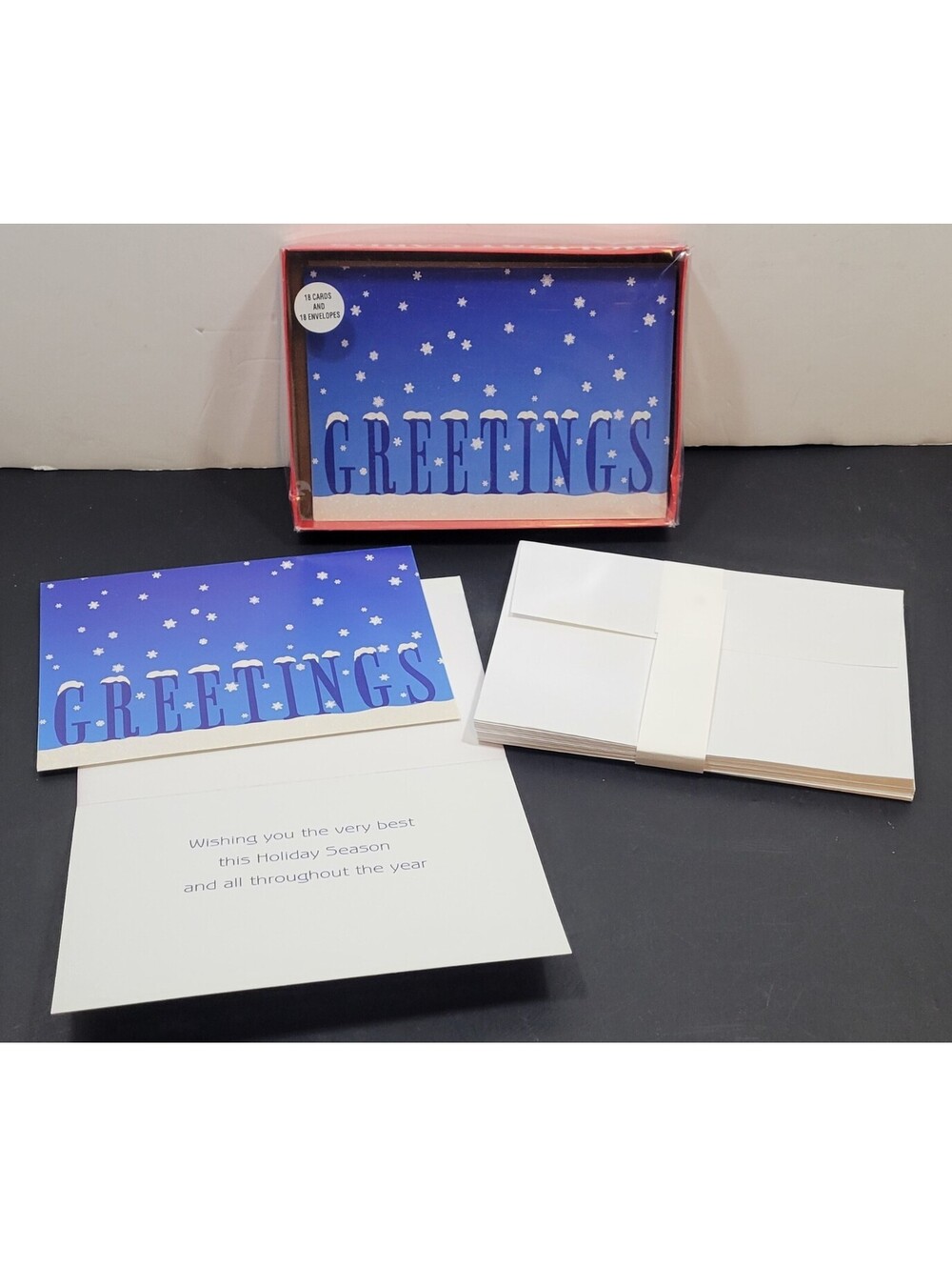 Holiday Cards Christmas "Greetings" 18 Cards & 18 Envelopes FSG Crest - Open Box
